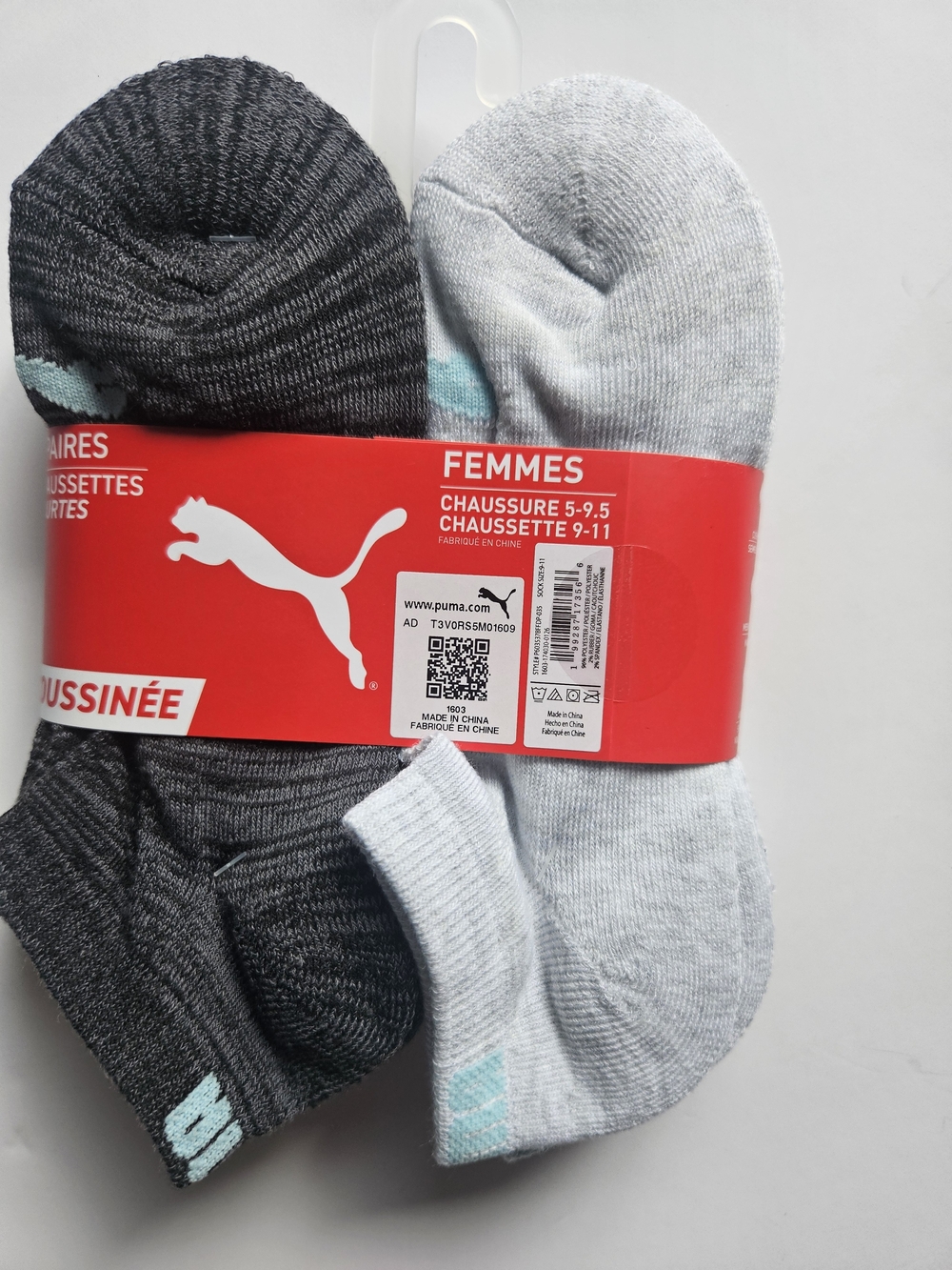 Puma Women's No-Show Socks 2-Pack - Dark Gray & Light Gray with Teal Accents
